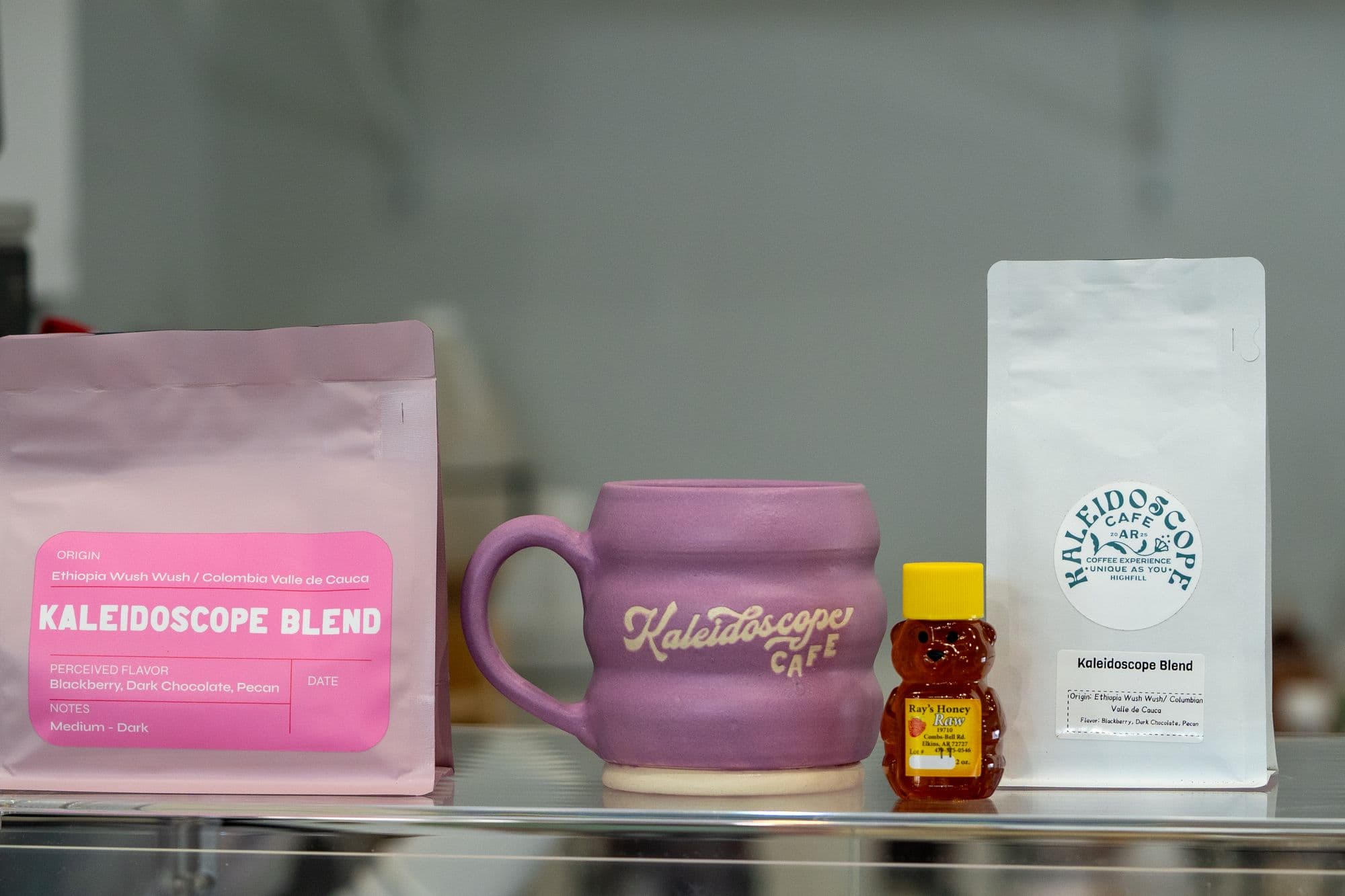 Kaleidoscope Cafe drink spread with honey and locally roasted coffee